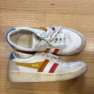 Gola White Sneakers with Red, Yellow, and Blue Stripes